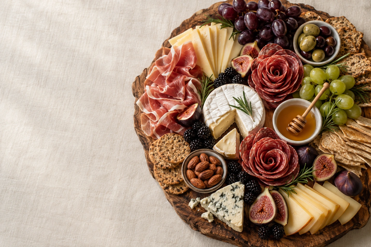Tabla artesanal de madera con rosas de salami, prosciutto, quesos en abanico, brie, higos, uvas y miel sobre lino
